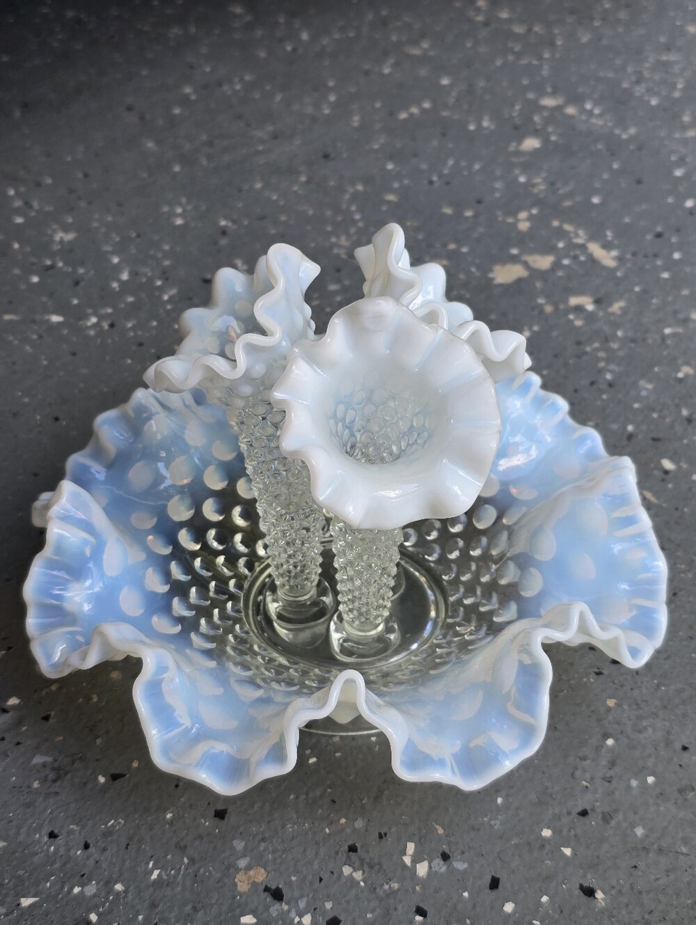 ANTIQUE USA FENTON FRENCH WHITE HOBNAIL OPALESCENT ART GLASS FLOWER VASE EPERGNE - Picture 3 of 9